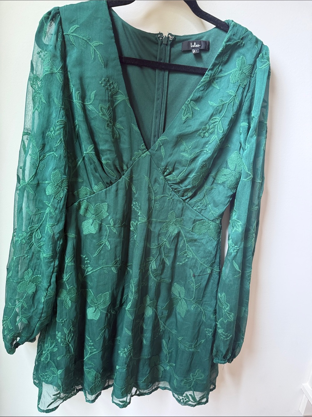Lulu's Emerald Green Long Sleeve Floral Embroidered Mini Dress
